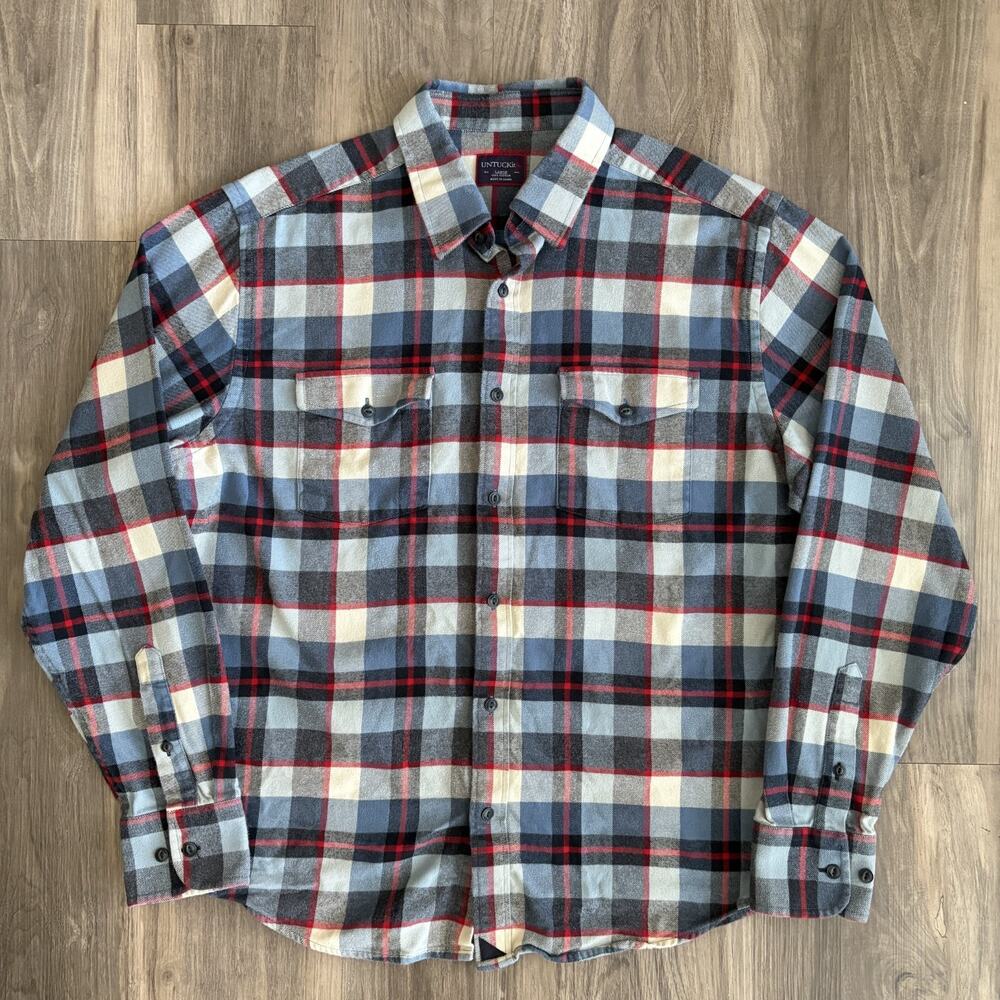 Untuckit Flannel Shirt Men's Size L Red Blue Plaid Button Up - Picture 2 of 5